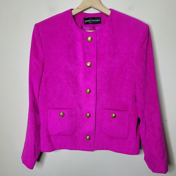 Herbert Grossman Vintage Skirt Suit Magenta Pink Suede Ladylike 80s Size 12 USA - Picture 2 of 13